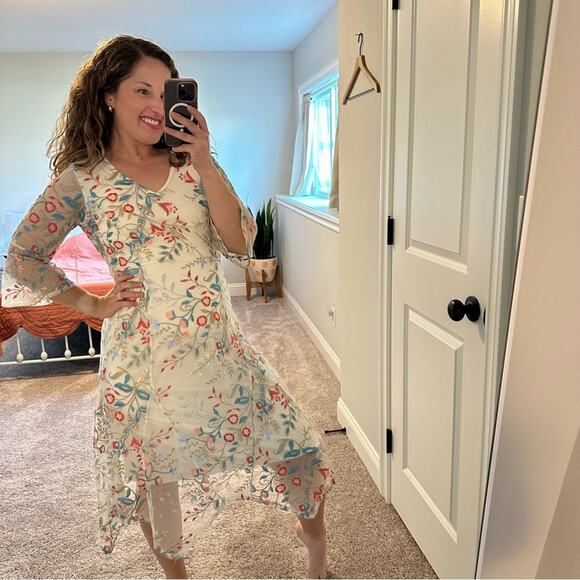 NWT Reba White Pink Blue Floral Embroidered Desert Maxi Dress Small - Picture 5 of 14